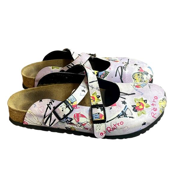 Birkenstock Paris Retro Slip On Women's Clogs 8 Pink Black Cross Buckles - Picture 2 of 8